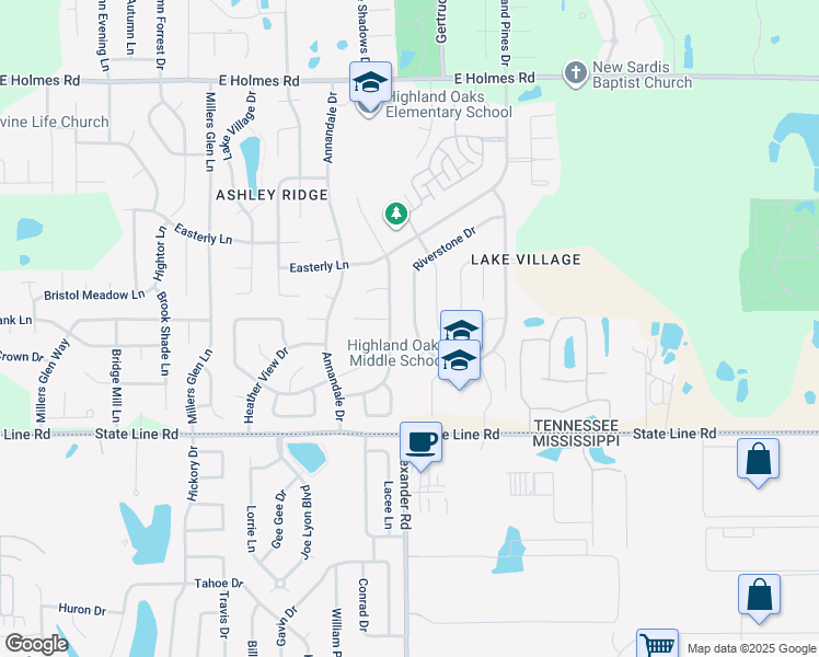 map of restaurants, bars, coffee shops, grocery stores, and more near 5519 Riverstone Drive in Memphis