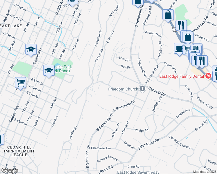 map of restaurants, bars, coffee shops, grocery stores, and more near 3402 Shadowlawn Drive in Chattanooga