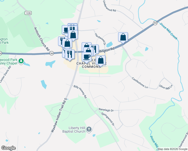 map of restaurants, bars, coffee shops, grocery stores, and more near 6608 Blackwood Lane in Waxhaw