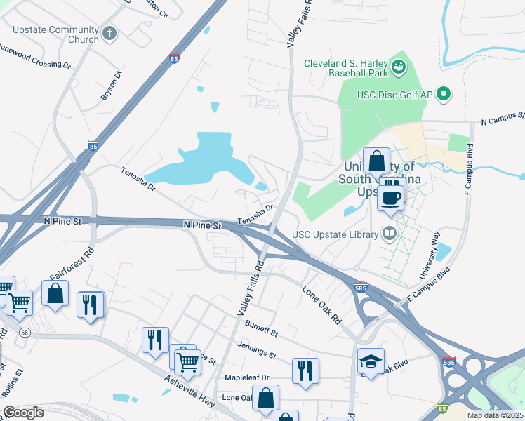 map of restaurants, bars, coffee shops, grocery stores, and more near 520 Tenosha Drive in Spartanburg