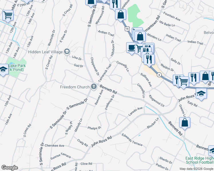 map of restaurants, bars, coffee shops, grocery stores, and more near 3567 Bennett Road in Chattanooga