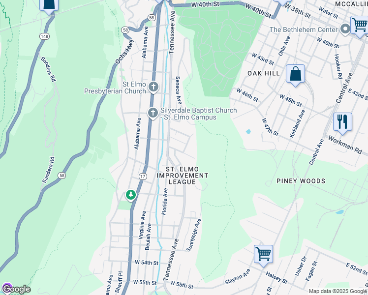 map of restaurants, bars, coffee shops, grocery stores, and more near 4512 Balcomb Street in Chattanooga