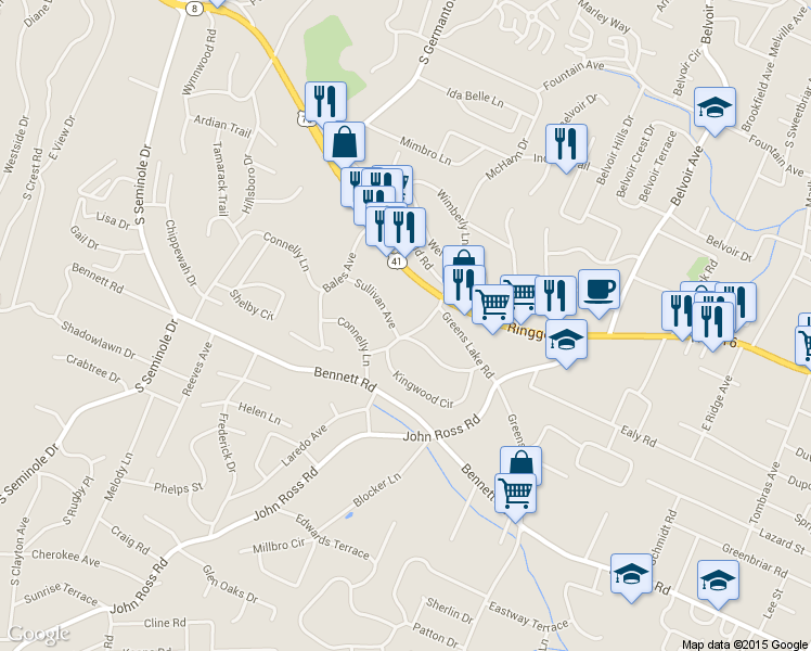 map of restaurants, bars, coffee shops, grocery stores, and more near 108 Kingwood Drive in Chattanooga