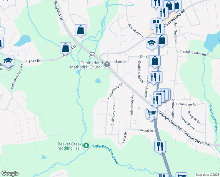 map of restaurants, bars, coffee shops, grocery stores, and more near 2836 Rosemeade Drive in Fayetteville