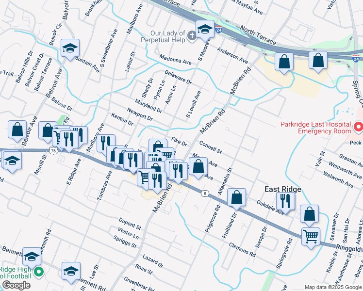 map of restaurants, bars, coffee shops, grocery stores, and more near 1400 Choate Road in Chattanooga