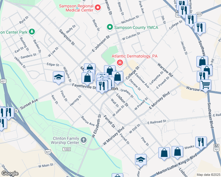 map of restaurants, bars, coffee shops, grocery stores, and more near 101 Vance Street in Clinton
