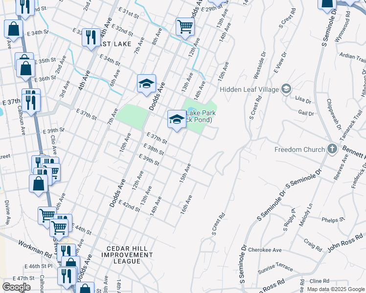 map of restaurants, bars, coffee shops, grocery stores, and more near 3616 14th Avenue in Chattanooga