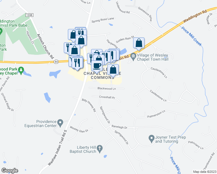 map of restaurants, bars, coffee shops, grocery stores, and more near 6602 Blackwood Lane in Waxhaw