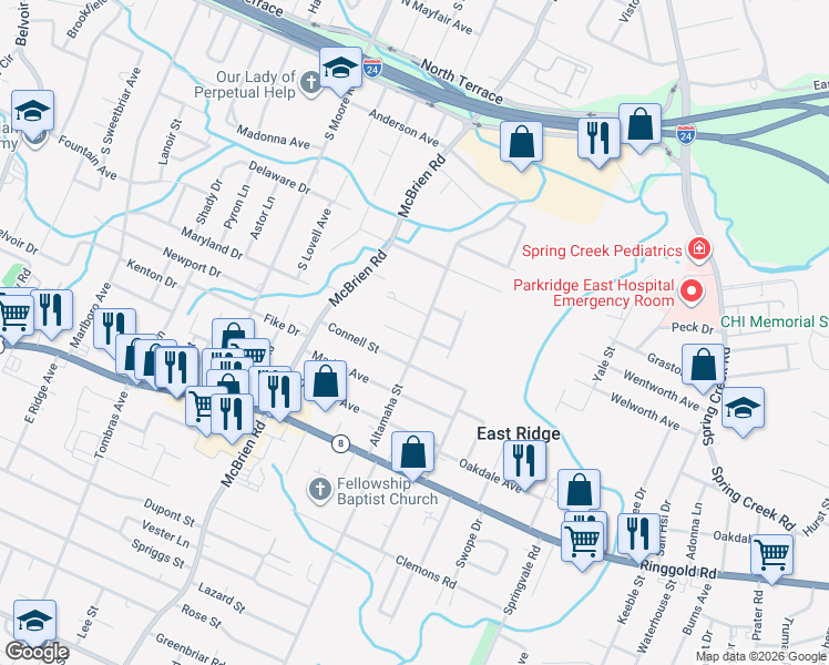 map of restaurants, bars, coffee shops, grocery stores, and more near 5337 Haisten Court in East Ridge