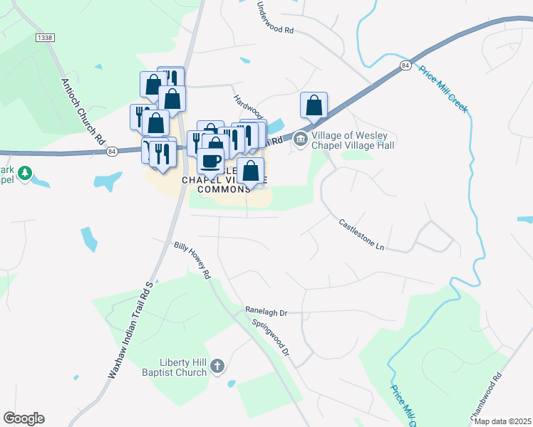 map of restaurants, bars, coffee shops, grocery stores, and more near 6510 Blackwood Lane in Waxhaw
