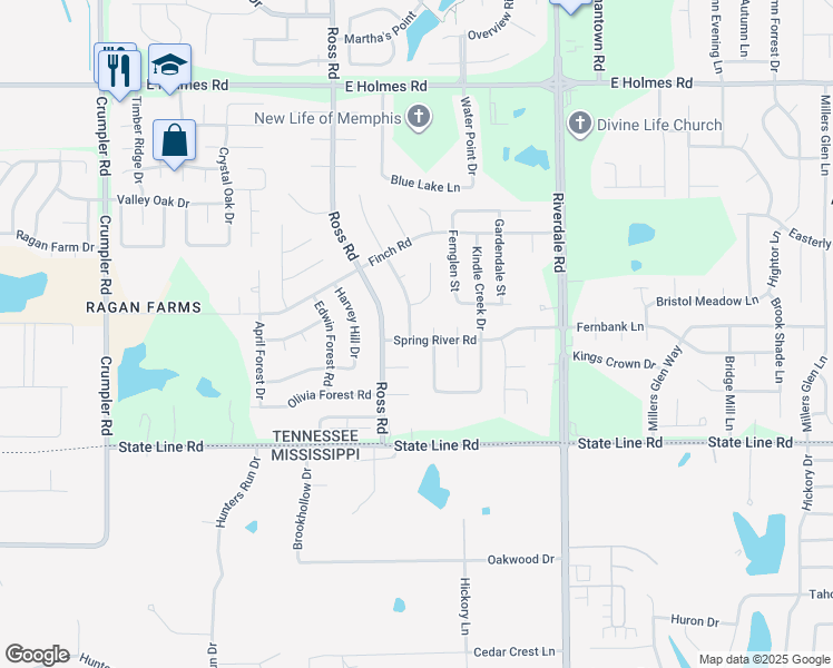 map of restaurants, bars, coffee shops, grocery stores, and more near 5512 Stephen Forest Road in Memphis