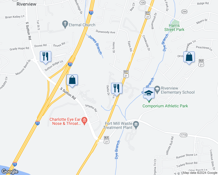 map of restaurants, bars, coffee shops, grocery stores, and more near 482 Delta Drive in Fort Mill