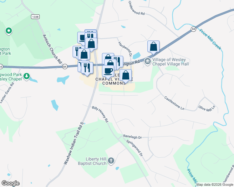 map of restaurants, bars, coffee shops, grocery stores, and more near 6608 Blackwood Lane in Waxhaw
