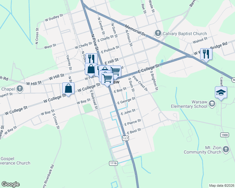 map of restaurants, bars, coffee shops, grocery stores, and more near 105 East Bay Street in Warsaw