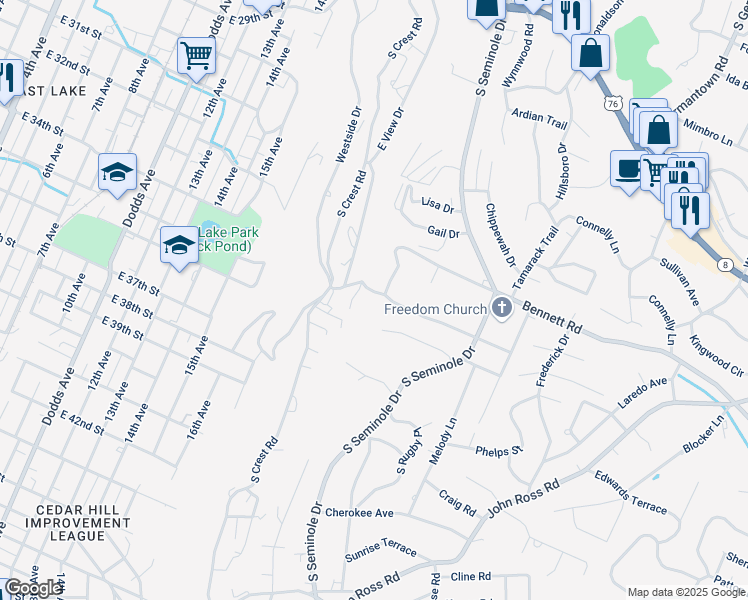 map of restaurants, bars, coffee shops, grocery stores, and more near 3402 Shadowlawn Drive in Chattanooga