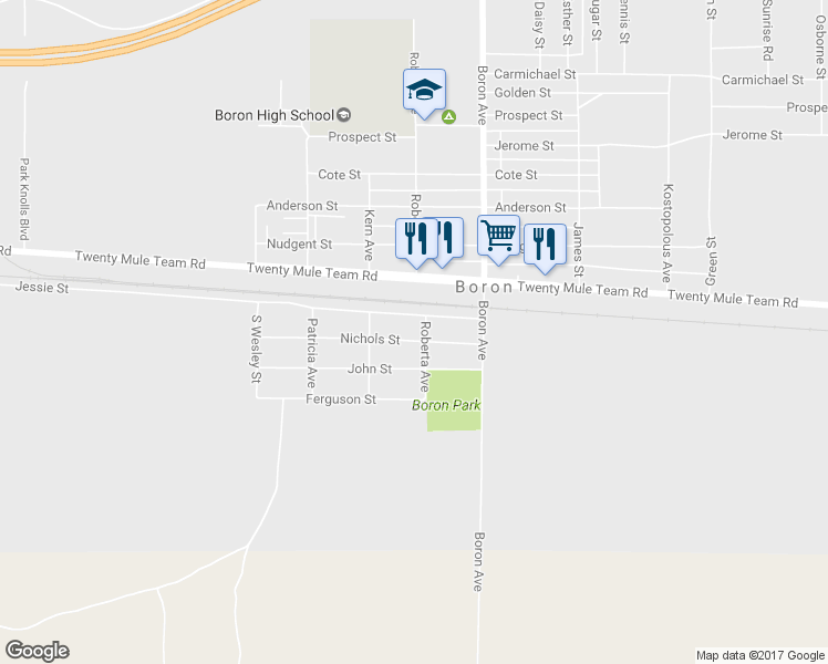 map of restaurants, bars, coffee shops, grocery stores, and more near 26889 Nichols Street in Boron