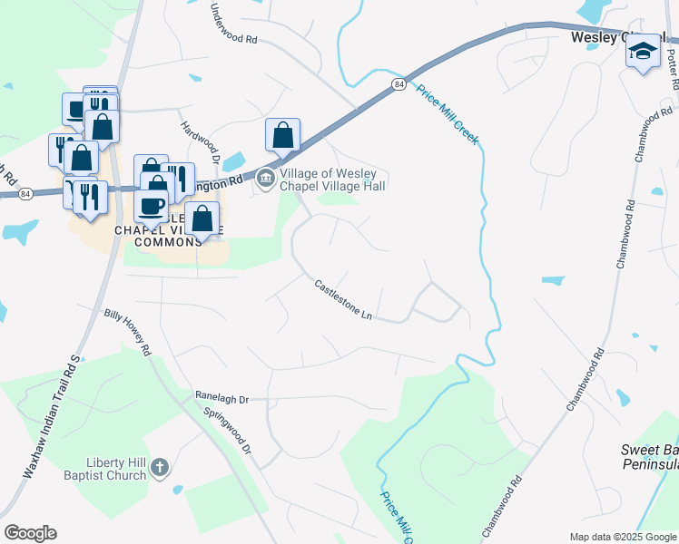 map of restaurants, bars, coffee shops, grocery stores, and more near 3005 Whisperfield Lane in Matthews