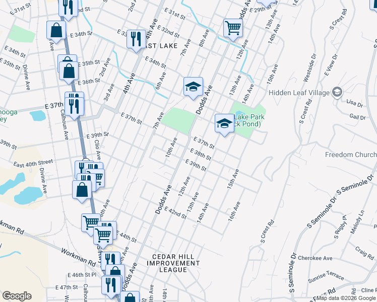 map of restaurants, bars, coffee shops, grocery stores, and more near 3800 Dodds Avenue in Chattanooga