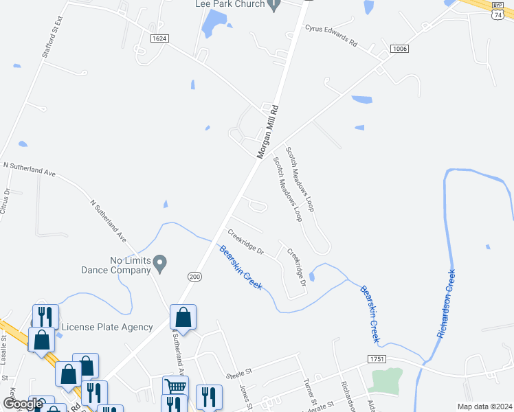 map of restaurants, bars, coffee shops, grocery stores, and more near 2112 Morgan Mill Road in Monroe