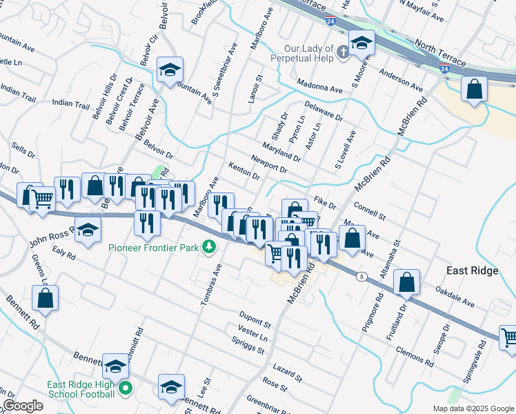 map of restaurants, bars, coffee shops, grocery stores, and more near 1410 Dover Ln in Chattanooga