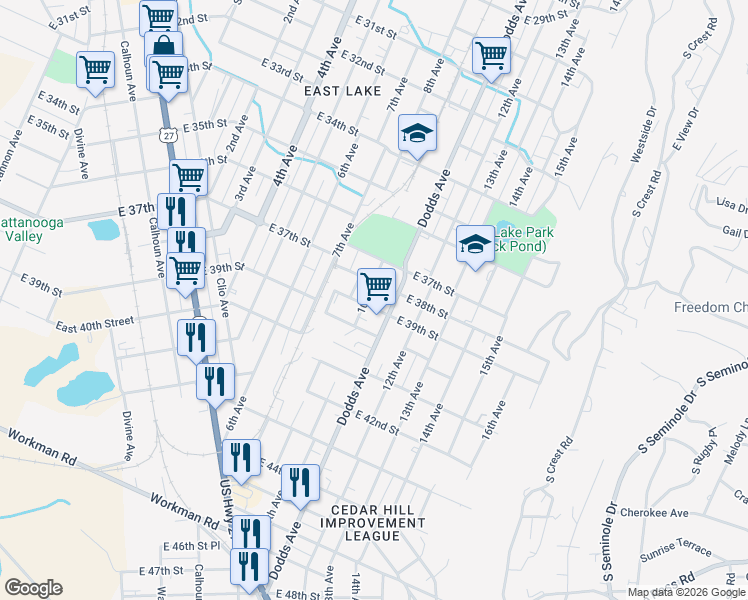 map of restaurants, bars, coffee shops, grocery stores, and more near 3806 10th Ave in Chattanooga
