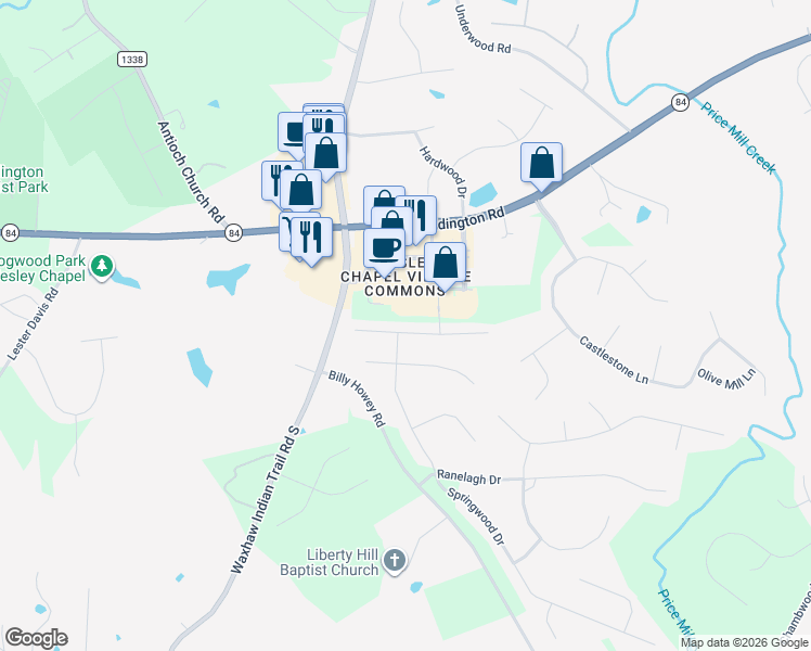 map of restaurants, bars, coffee shops, grocery stores, and more near 6608 Blackwood Lane in Waxhaw