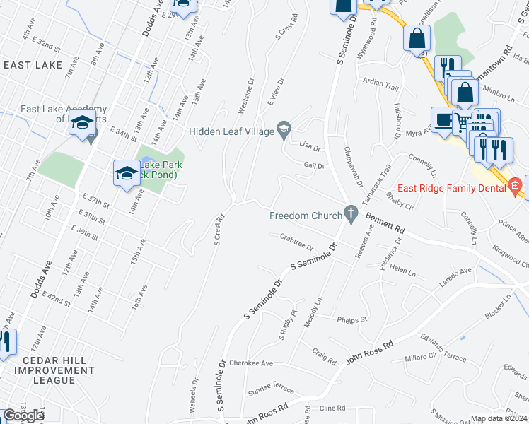 map of restaurants, bars, coffee shops, grocery stores, and more near 3402 Shadowlawn Drive in Chattanooga