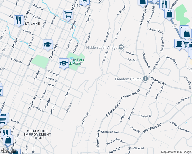 map of restaurants, bars, coffee shops, grocery stores, and more near 536 South Crest Road in Chattanooga