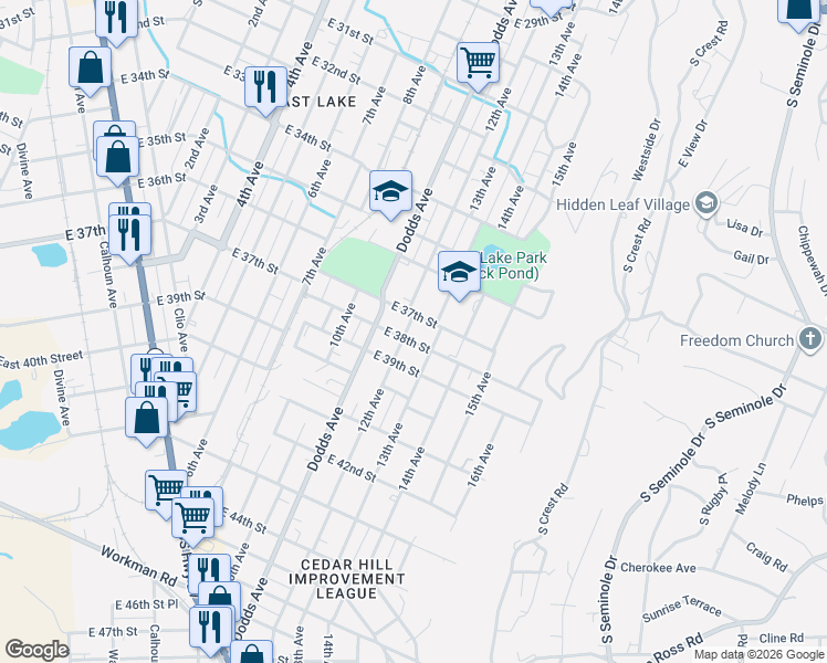 map of restaurants, bars, coffee shops, grocery stores, and more near 2904 East 37th Street in Chattanooga