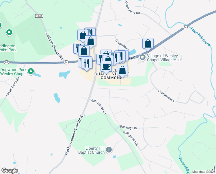 map of restaurants, bars, coffee shops, grocery stores, and more near 6702 Blackwood Lane in Waxhaw
