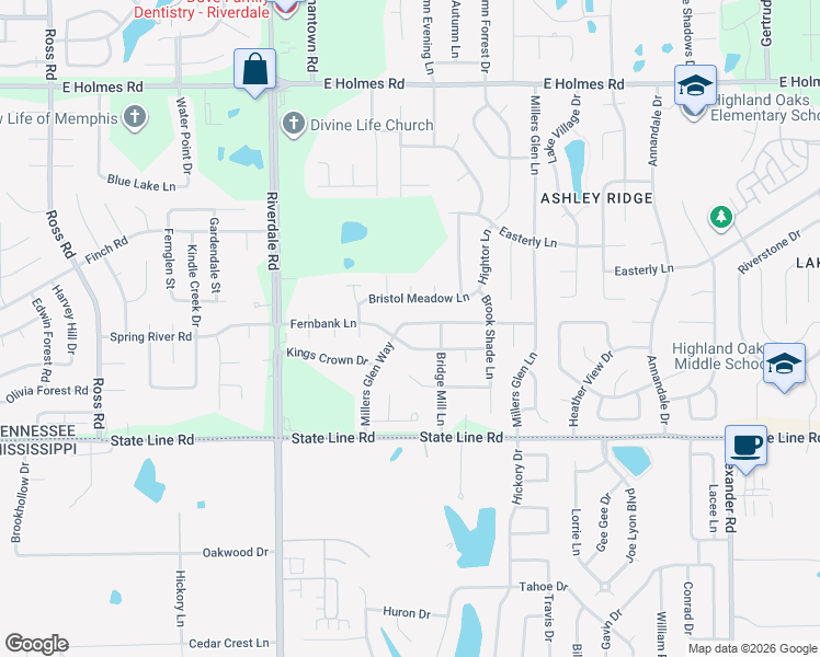 map of restaurants, bars, coffee shops, grocery stores, and more near 7117 Millers Glen Way in Memphis