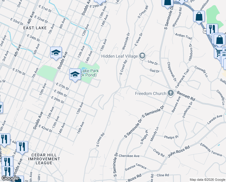 map of restaurants, bars, coffee shops, grocery stores, and more near 536 South Crest Road in Chattanooga