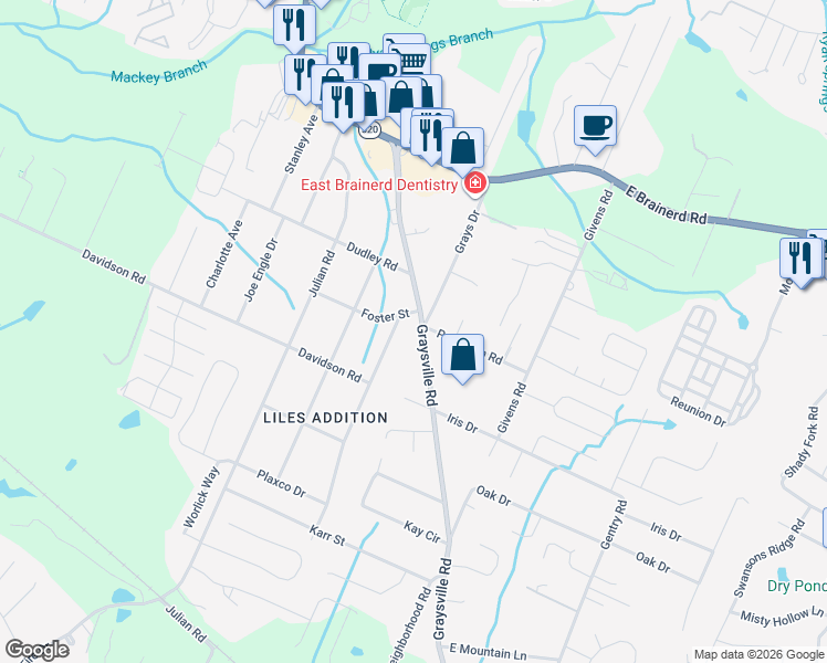 map of restaurants, bars, coffee shops, grocery stores, and more near 939 Graysville Rd in Chattanooga