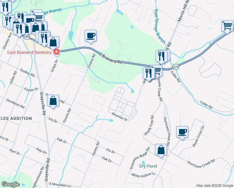 map of restaurants, bars, coffee shops, grocery stores, and more near 8603 Homecoming Drive in Chattanooga