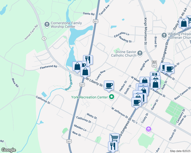 map of restaurants, bars, coffee shops, grocery stores, and more near 107 Lowry Row in York