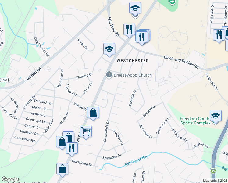 map of restaurants, bars, coffee shops, grocery stores, and more near 3370 Crosswinds Drive in Hope Mills