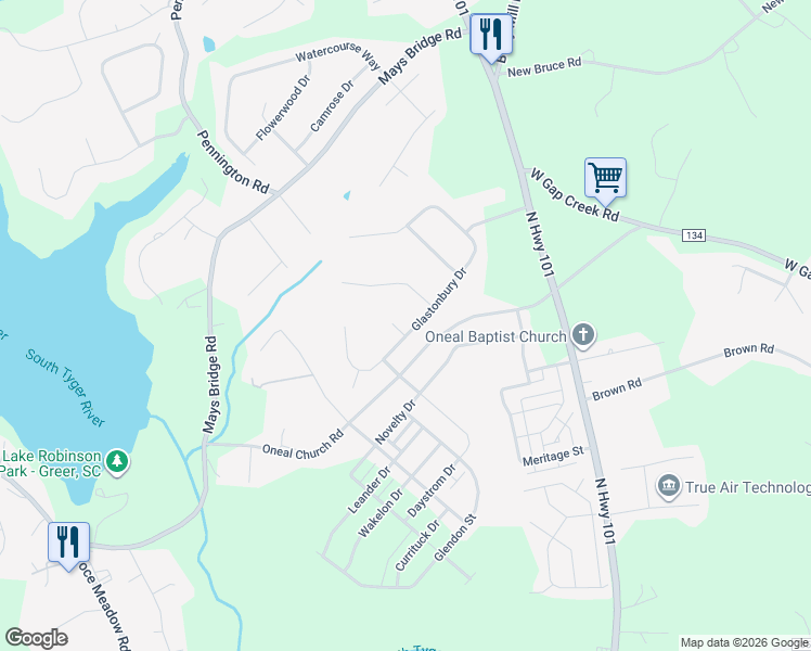 map of restaurants, bars, coffee shops, grocery stores, and more near 313 Glastonbury Drive in Greer