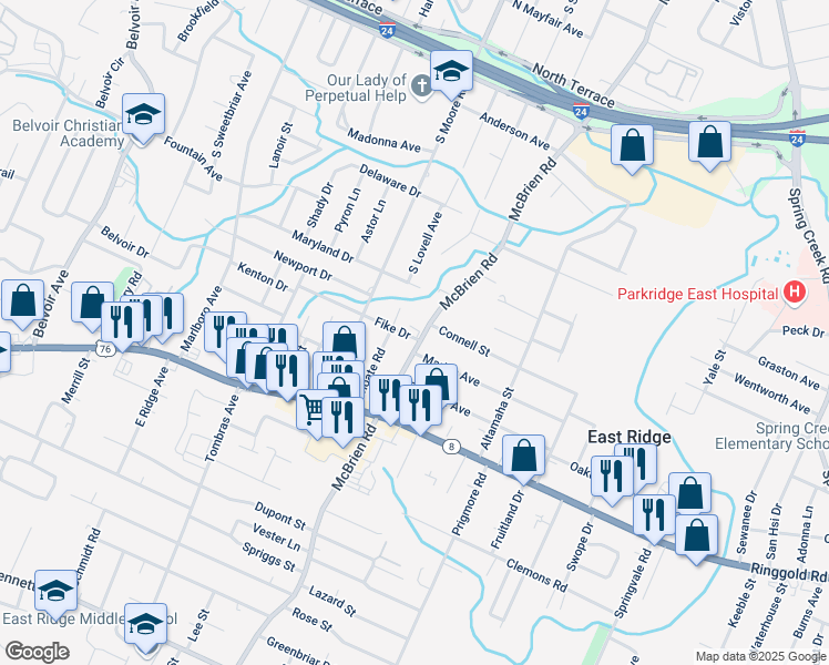 map of restaurants, bars, coffee shops, grocery stores, and more near 1205 Mcbrien Road in Chattanooga