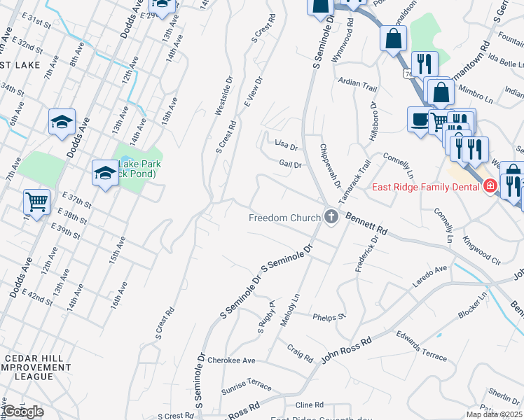 map of restaurants, bars, coffee shops, grocery stores, and more near 3409 Shadowlawn Drive in Chattanooga