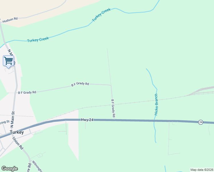 map of restaurants, bars, coffee shops, grocery stores, and more near B F Grady Road in Turkey