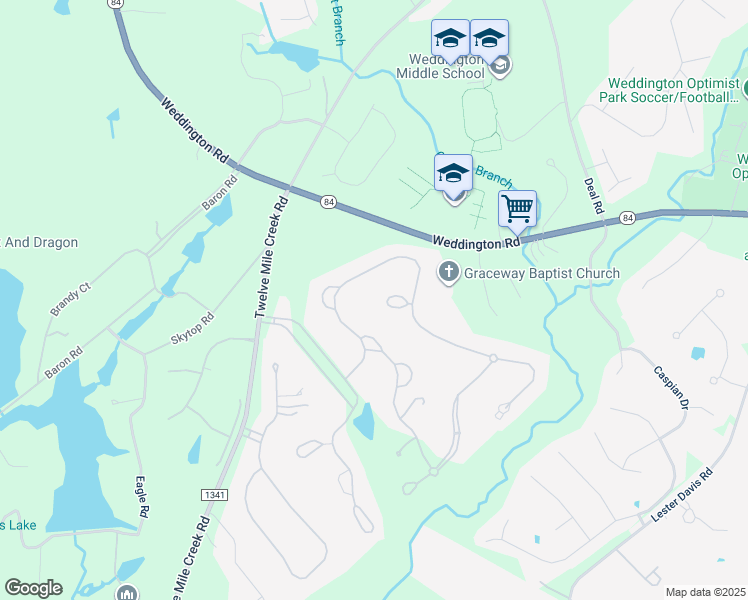 map of restaurants, bars, coffee shops, grocery stores, and more near 2510 Woodswail Court in Waxhaw
