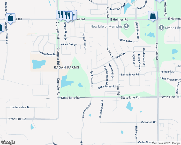 map of restaurants, bars, coffee shops, grocery stores, and more near 5505 April Forest Drive in Memphis