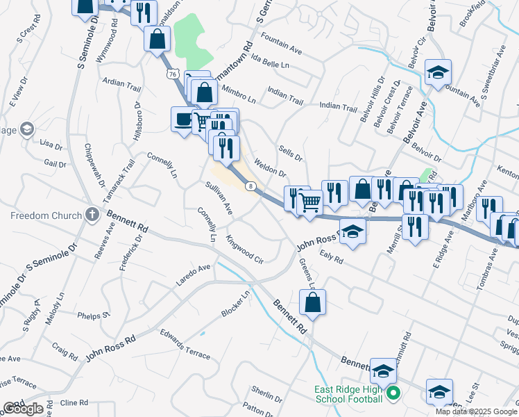 map of restaurants, bars, coffee shops, grocery stores, and more near 101 Kingwood Drive in Chattanooga