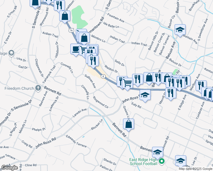 map of restaurants, bars, coffee shops, grocery stores, and more near 101 Kingwood Drive in Chattanooga