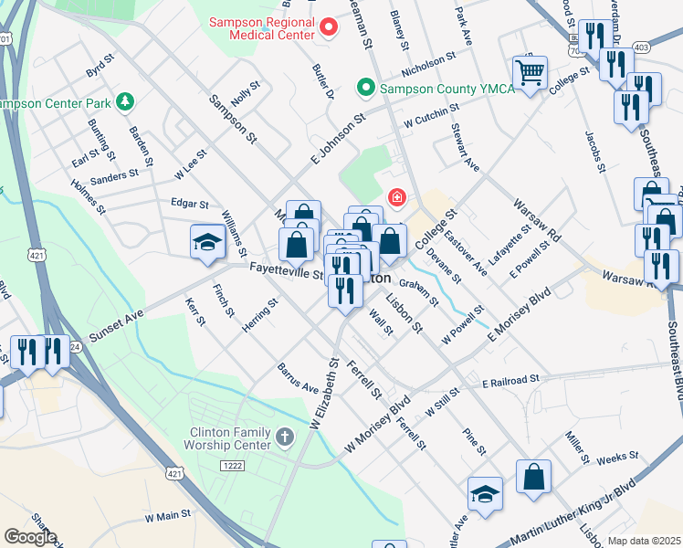 map of restaurants, bars, coffee shops, grocery stores, and more near 101 Vance Street in Clinton