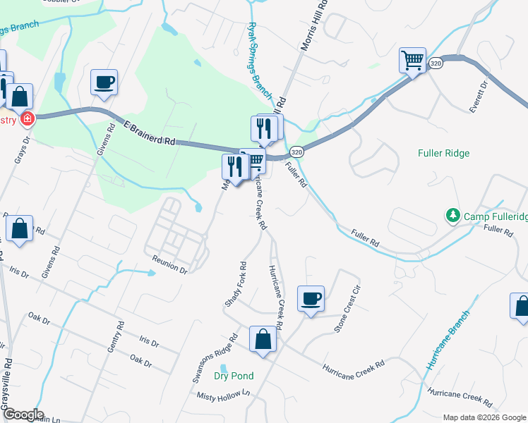 map of restaurants, bars, coffee shops, grocery stores, and more near 1145 Hurricane Creek Road in Chattanooga