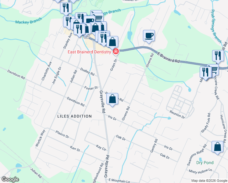 map of restaurants, bars, coffee shops, grocery stores, and more near 1005 Grey Oaks Lane in Chattanooga