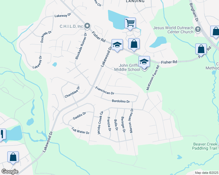 map of restaurants, bars, coffee shops, grocery stores, and more near 2649 Danzante Place in Fayetteville