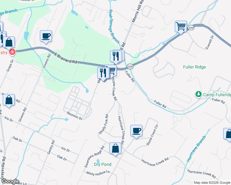 map of restaurants, bars, coffee shops, grocery stores, and more near 1145 Hurricane Creek Road in Chattanooga