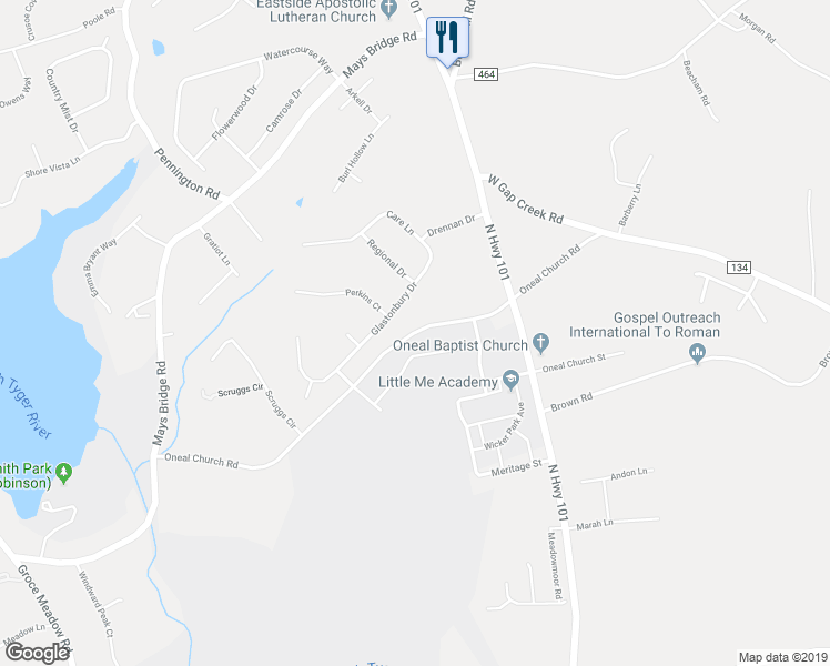 map of restaurants, bars, coffee shops, grocery stores, and more near 3459 Oneal Church Road in Greer